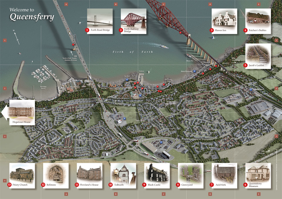 Queensferry and the Forth Bridges - illustrated landscape