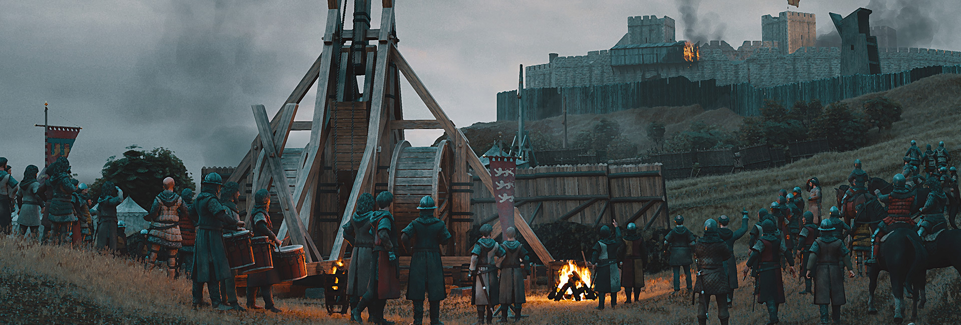 This image is a digital visual reconstruction depicting the siege of Stirling Castle in 1304, a pivotal event in the Scottish Wars of Independence. It shows a ground level view of King Edward I's massive trebuchet 'Warwolf' launching a flaming missle or 'Greek fire' at the Castle's walls. Regarded as one of the largest trebuchets ever built, this giant siege engine was capable of hurling projectiles over distances exceeding 200 yards.
